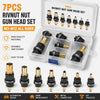 A set of 7 pieces of Rivnut nut gun head inserts with mandrels ranging from M3 to M12, packaged in a clear box.