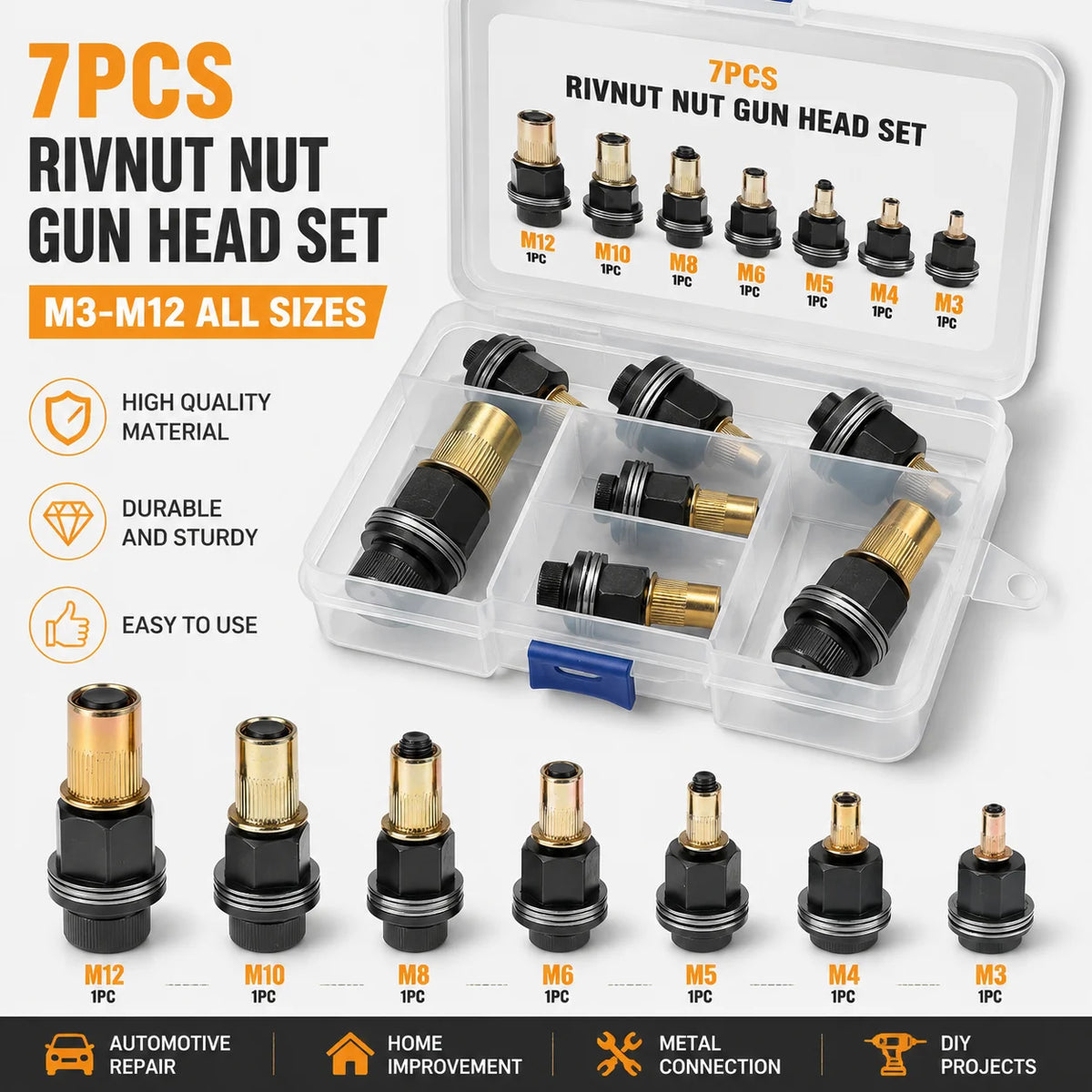 A set of 7 pieces of Rivnut nut gun head inserts with mandrels ranging from M3 to M12, packaged in a clear box.