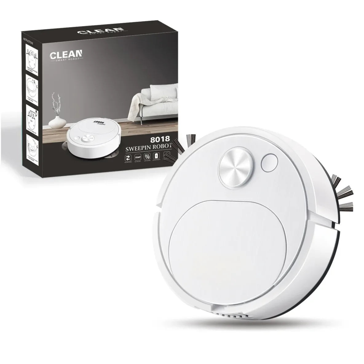 A white 3-in-1 smart robot vacuum cleaner with a circular design is shown next to its packaging box.