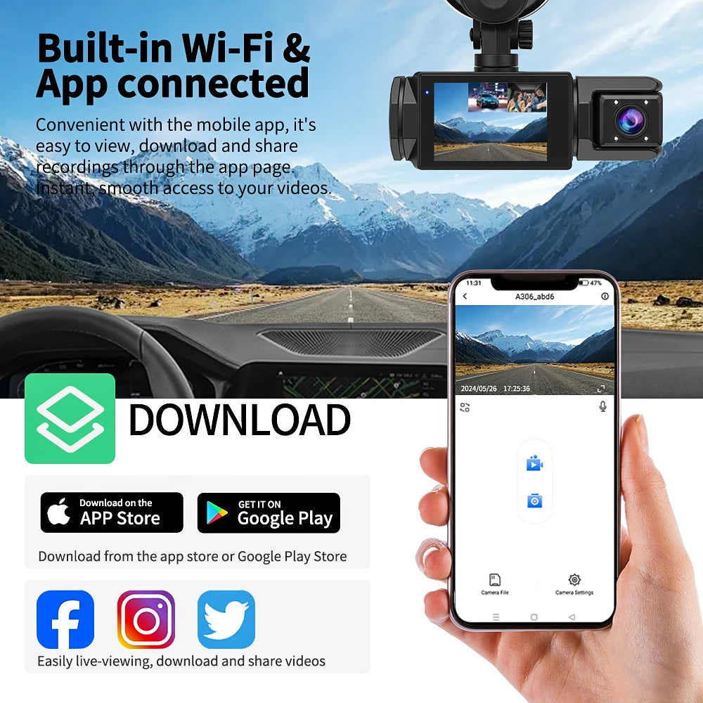 Eine Hand hält ein Smartphone mit einem Live-Feed einer Dashcam-Aufzeichnung, wobei eine Kamera darüber sichtbar ist.