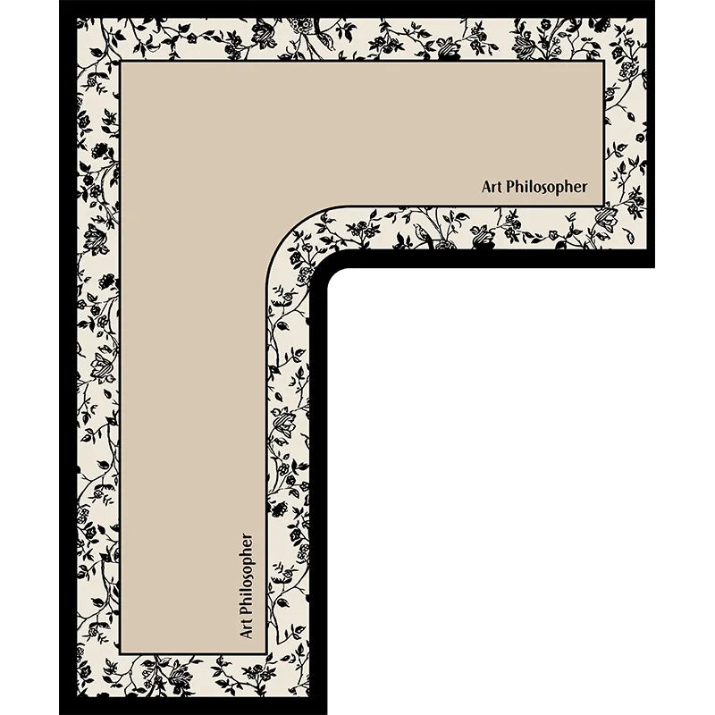 An L-shaped crystal velvet kitchen mat with a non-slip backing featuring floral patterns.