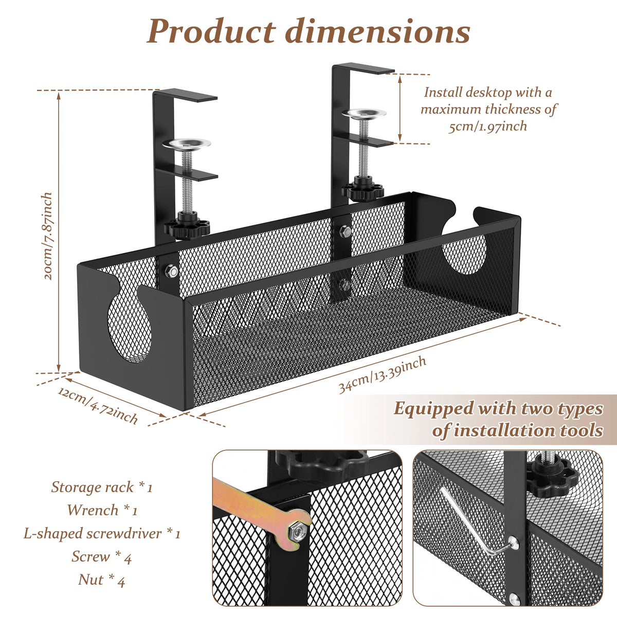 Black mesh under desk cable management tray with clamp-on design and installation tools