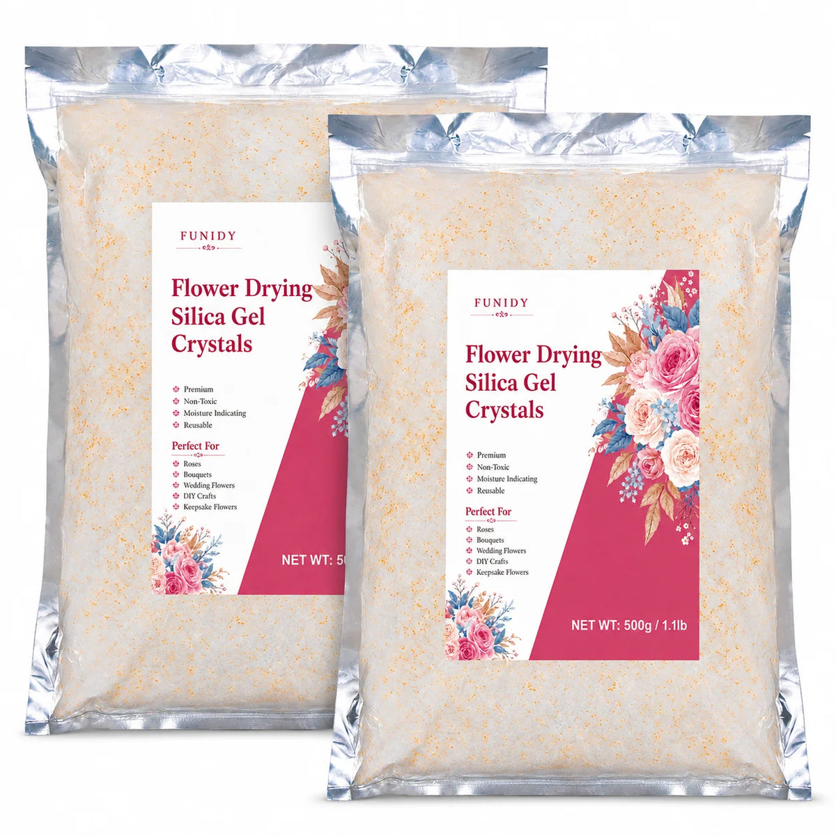 A bag of Funidy Flower Drying Silica Gel Crystals with a pink and orange floral design.