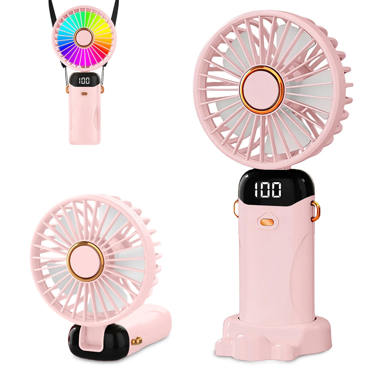 A pink foldable USB rechargeable handheld fan with a colorful light display and a circular fan blade.