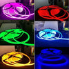 Various close-up shots of a customizable LED strip light featuring vibrant colors like pink, red, green, and blue.