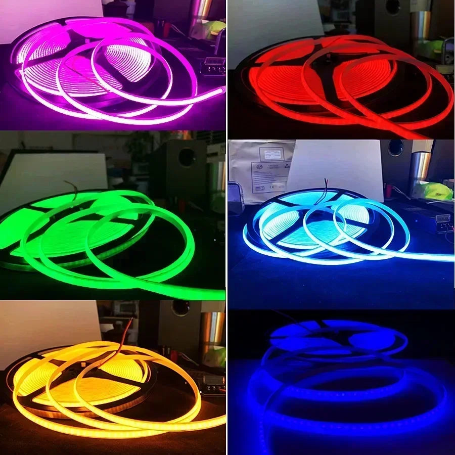 Various close-up shots of a customizable LED strip light featuring vibrant colors like pink, red, green, and blue.