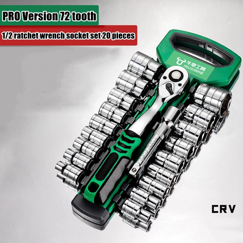 A green and silver PRO Version 72 tooth 1/2 ratchet wrench socket set with 20 pieces shown in a diagonal view.
