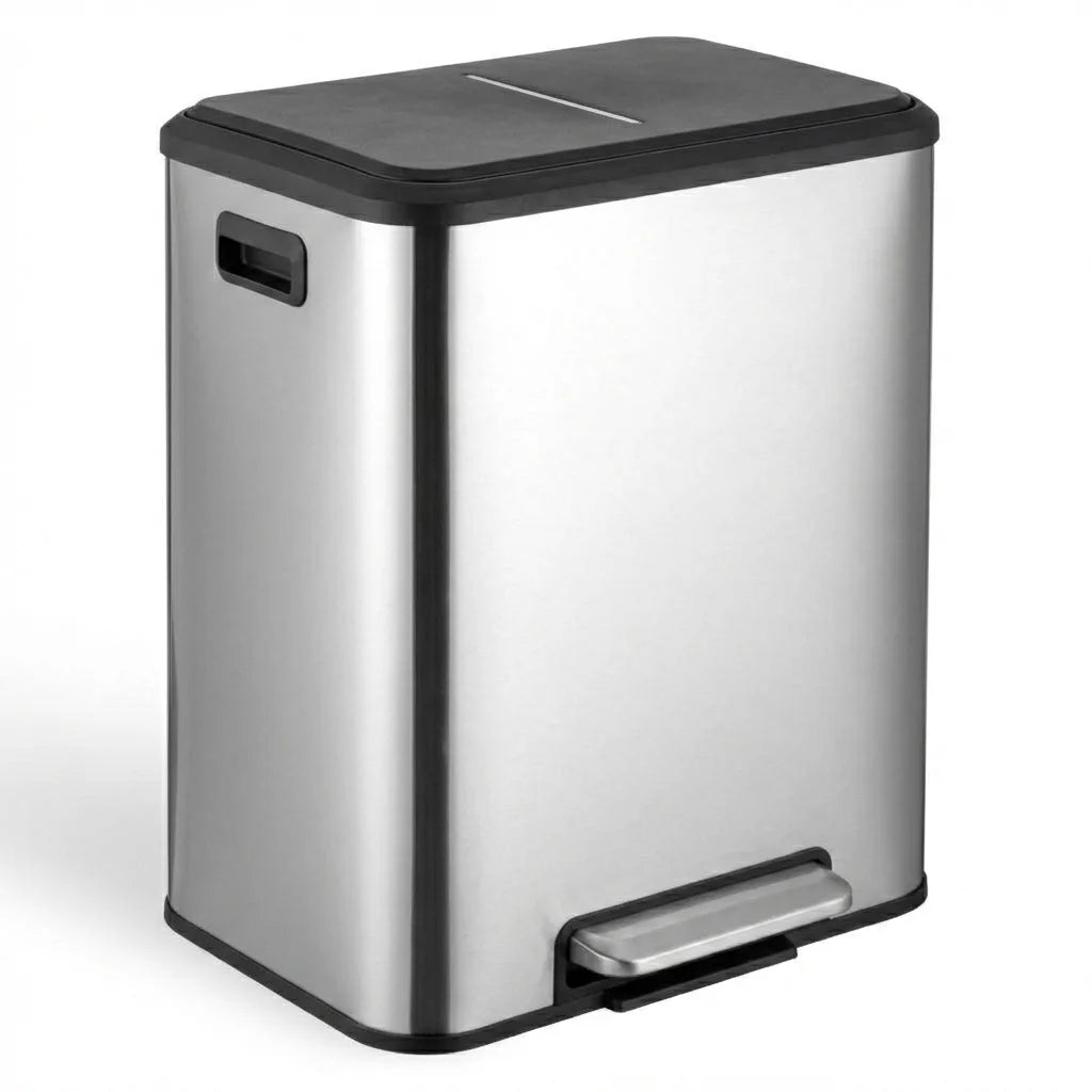 A stainless steel dual compartment step trash can with a soft-close lid.