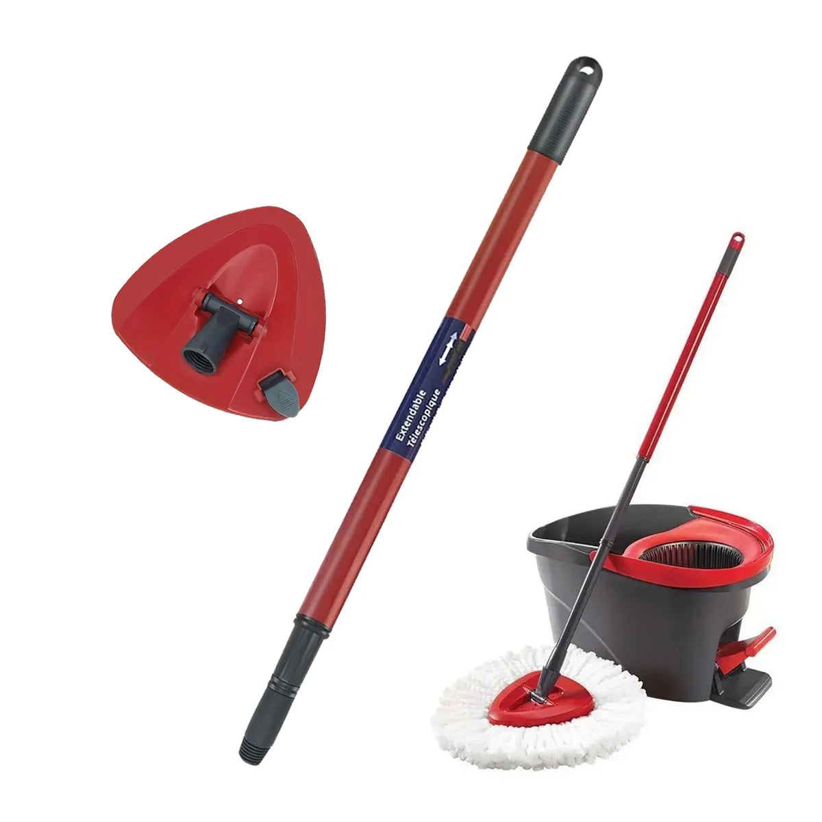 A red mop handle and base for cleaning, with a white mop head visible.