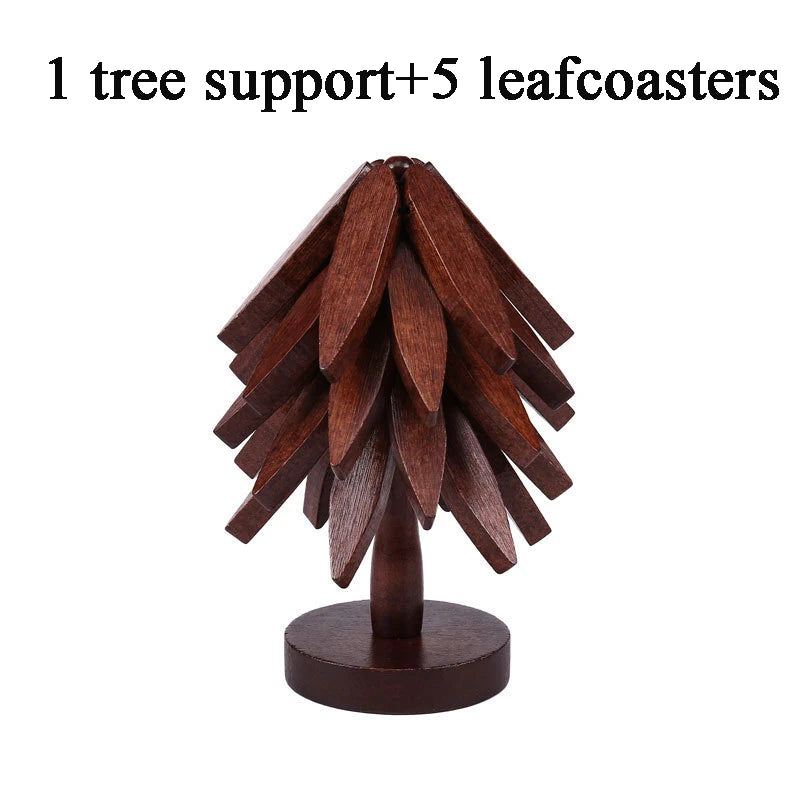 A wooden tree design coaster set featuring one tree support and five leaf coasters.