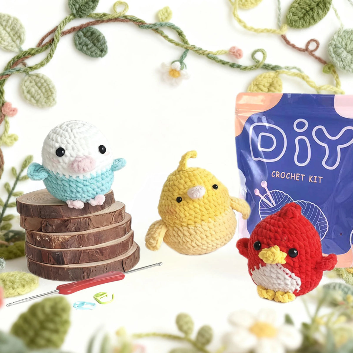 A DIY crochet kit featuring cute animal projects including a white and blue bird, a yellow chick, and a red bird.