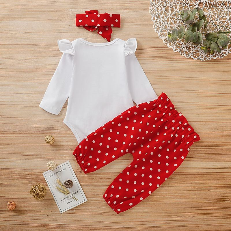 Adorable Heart Print Baby Girl Outfit Set (Romper, Pants & Headband)