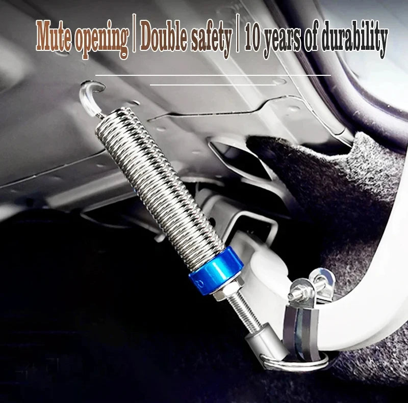 A close-up of an adjustable car trunk lift spring with a silver coil and blue fitting, designed for mute opening and double s