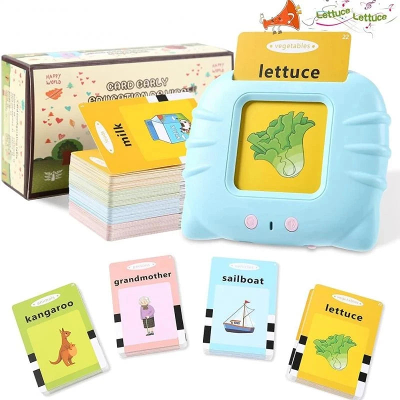 Set interaktive Lernkarten mit Lebensmitteln und Tieren wie Salat, Milch und Känguru.