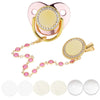A sparkling rhinestone pacifier with a clip designed for babies, shown in various shades of white and pink.