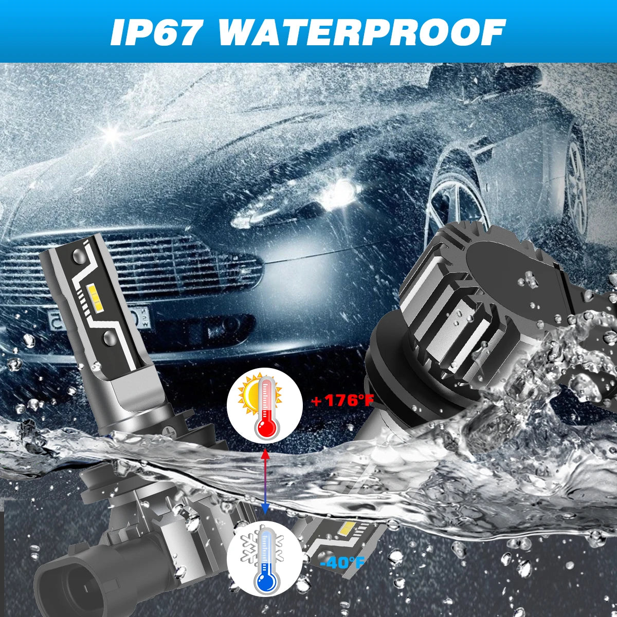 Nahaufnahme einer IP67 wasserdichten LED-Auto-Scheinwerferbirne, die im Wasser getestet wird, um die Temperaturbeständigkeit 