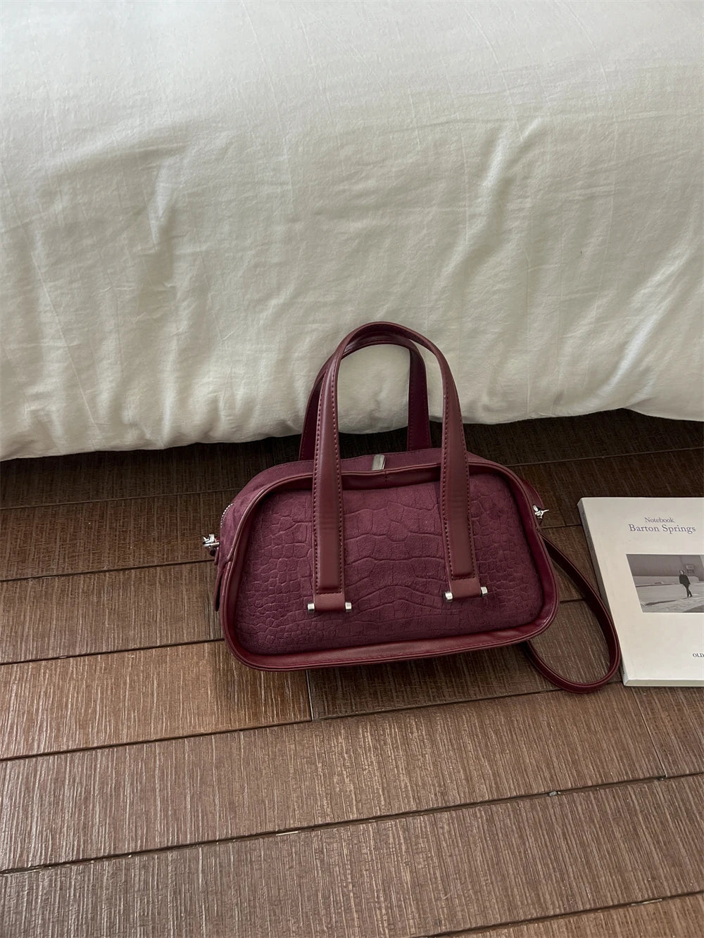 Vintage Croc-Embossed Mini Boston Bag with Dual Straps