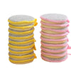 A stack of double-sided microfiber cleaning cloths in yellow and pink colors.