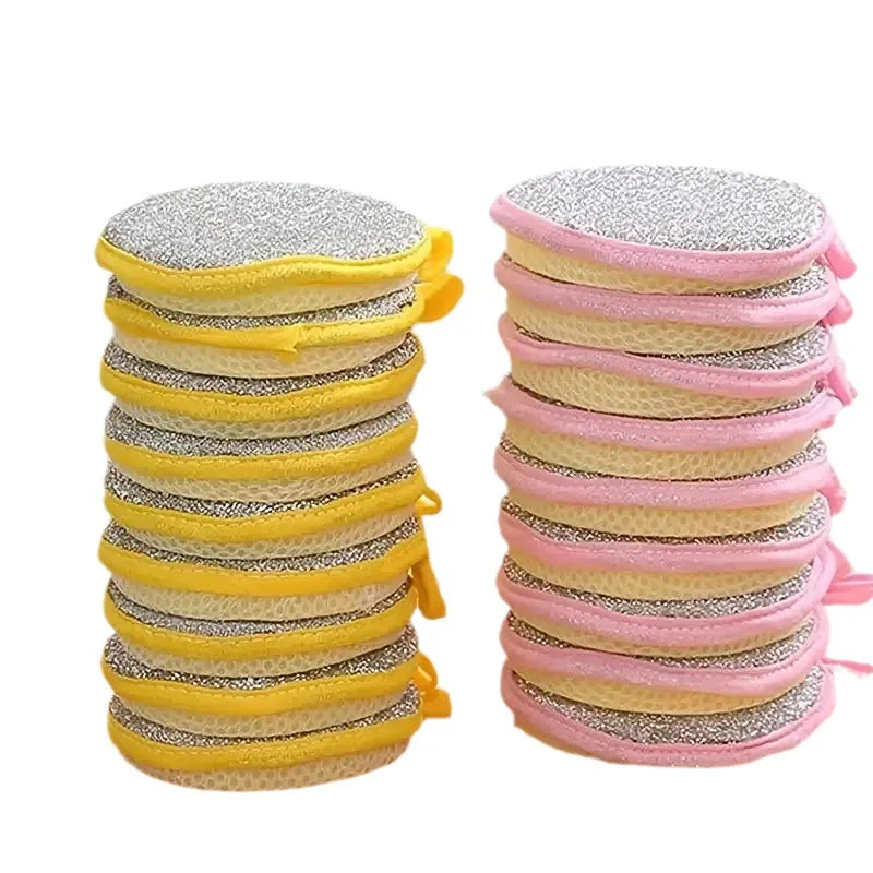 A stack of double-sided microfiber cleaning cloths in yellow and pink colors.