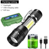 A tactical flashlight is shown with its components including a USB charging cable and gift box.