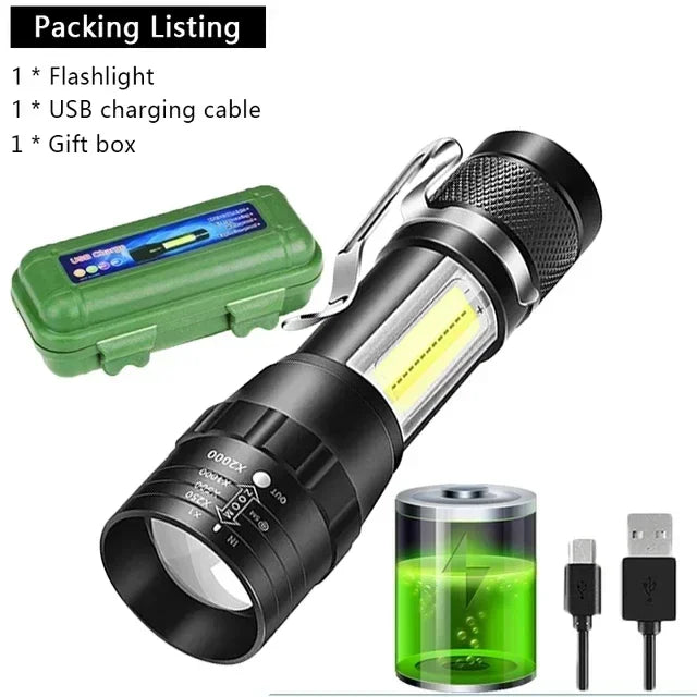 A tactical flashlight is shown with its components including a USB charging cable and gift box.