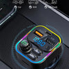A portable car accessory featuring a digital display and buttons for audio transmission and fast charging.