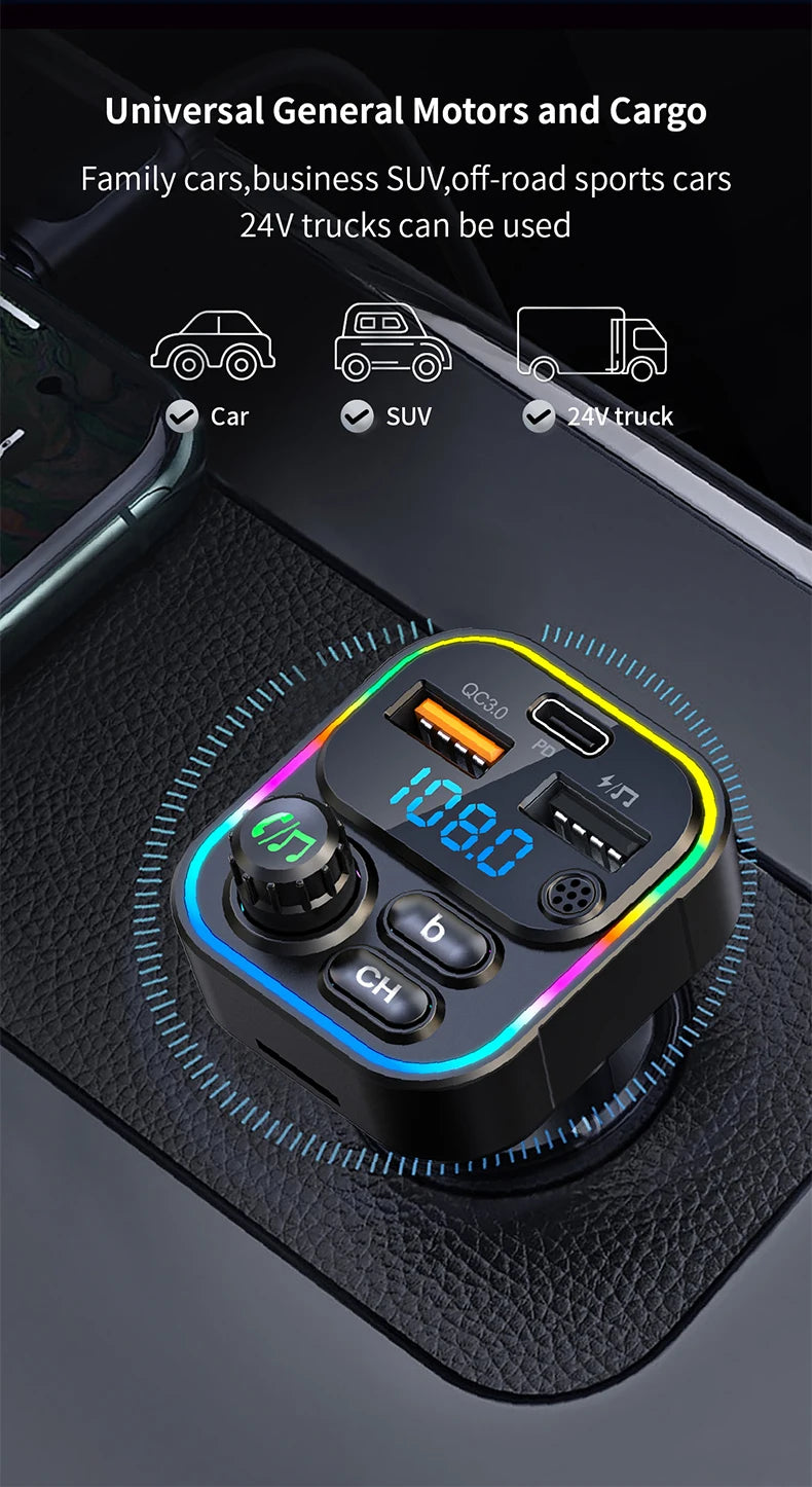 A portable car accessory featuring a digital display and buttons for audio transmission and fast charging.