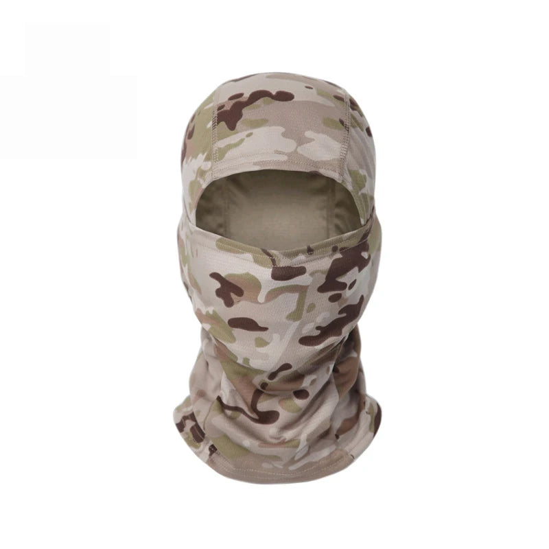 A camouflage patterned stretchy breathable balaclava cap for outdoor sports.
