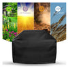 Black waterproof grill cover shown with various weather protection features like UV and dusk proofing.