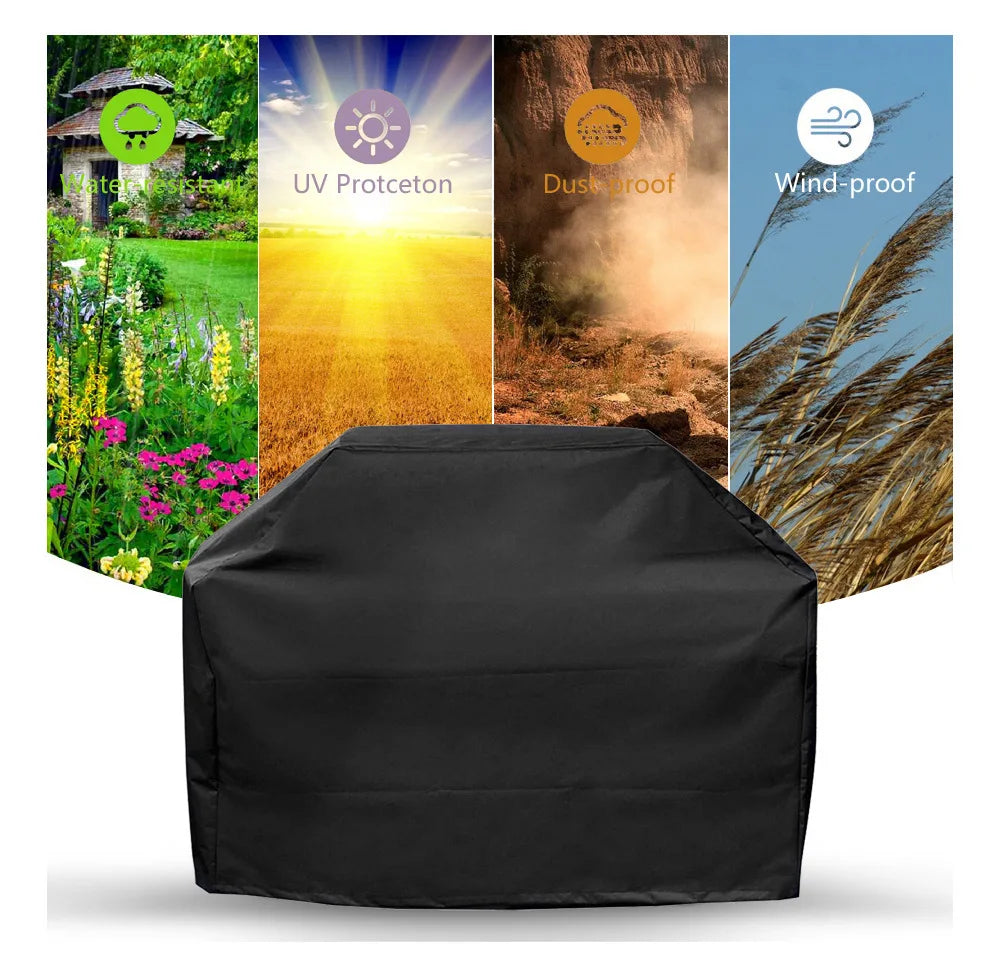 Black waterproof grill cover shown with various weather protection features like UV and dusk proofing.