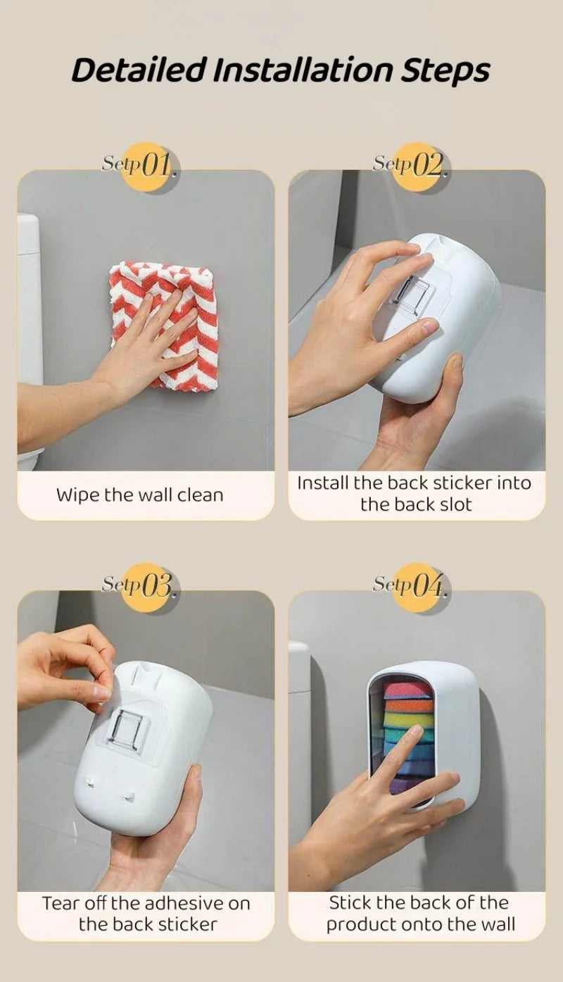 Detailed installation steps showing how to install a disposable toilet cleaning kit onto a wall.
