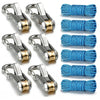 A set of silver and gold heavy-duty rope tensioners and tying tools with blue synthetic ropes.