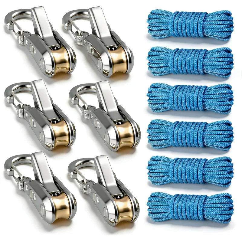 A set of silver and gold heavy-duty rope tensioners and tying tools with blue synthetic ropes.
