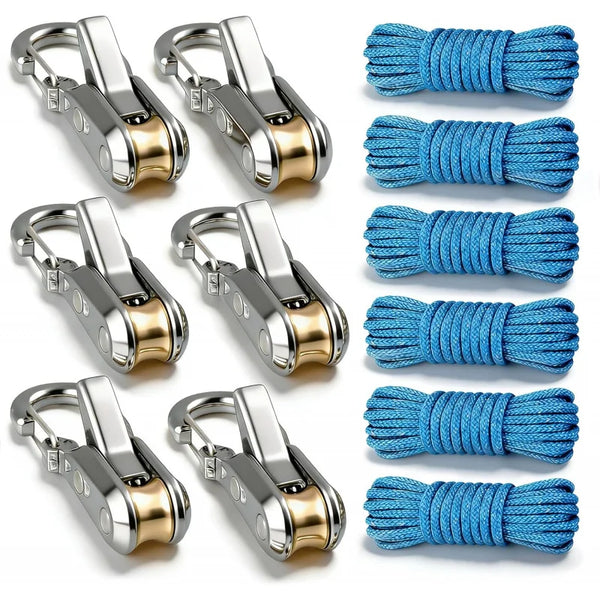 Set aus silbernen und goldenen, schweren Seilspannern und Knotenwerkzeugen mit blauen synthetischen Seilen.