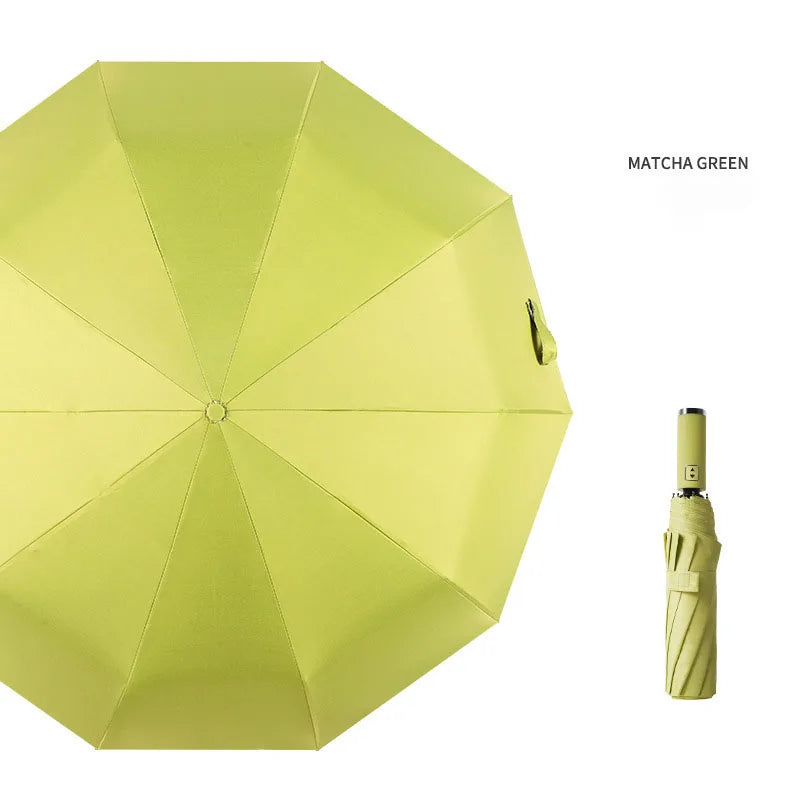 A lime green automatic foldable umbrella with a UV protection and windproof frame.
