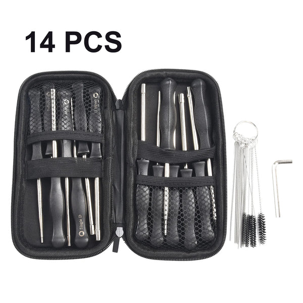 A black zippered case containing a 14-piece carburetor adjustment tool kit with various tools and a cleaning rod.