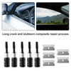 Automotive windshield crack repair kit showing various composite repair tools and adhesive strips
