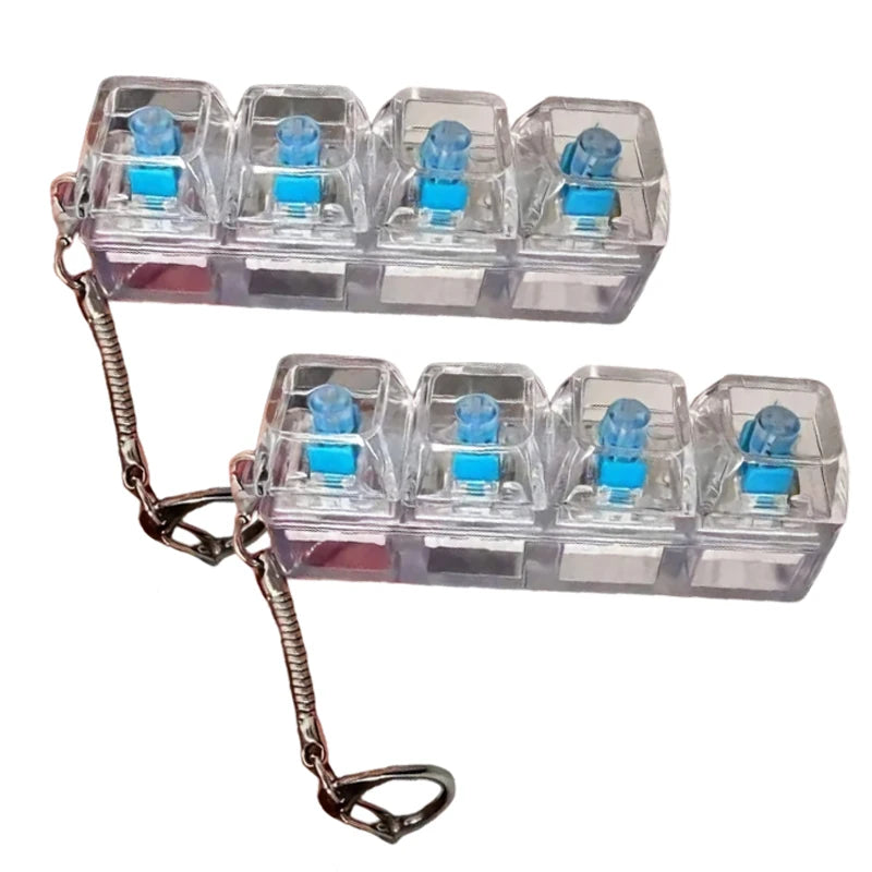 A clear plastic keyboard keychain fidget toy with multiple blue LED lights.