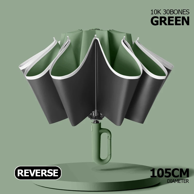 Auto Reverse-Folding Umbrella with Reflective Stripe & Carabiner Handle