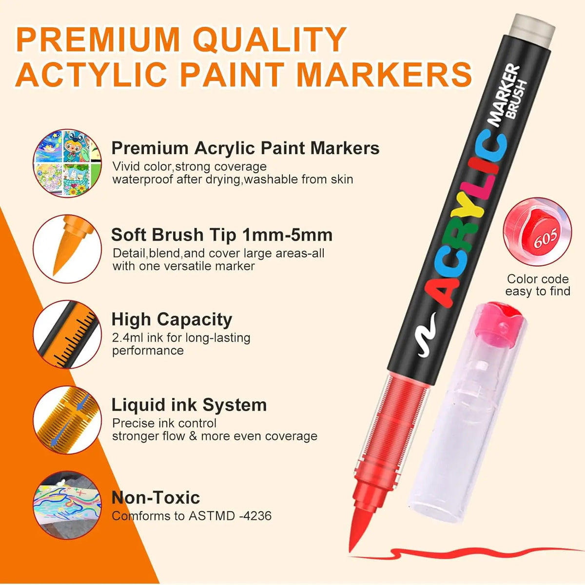 Acrylic Paint Pens with Brush Tips – 24 Vibrant Colors