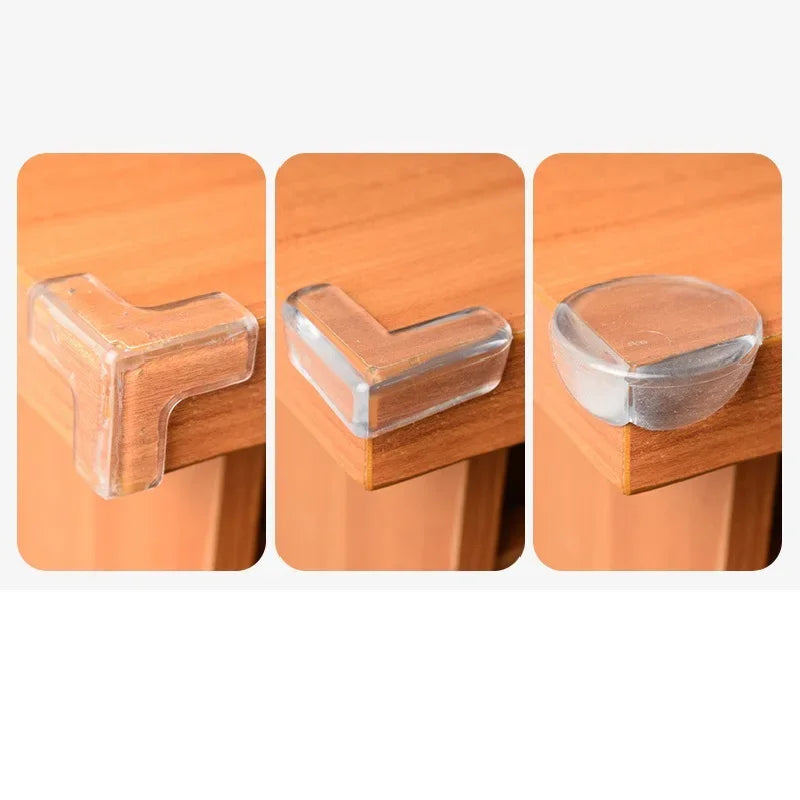 Drei silikonische Eckschutzpflegemittel in durchsichtigem Beige und transparent zum Schutz von Möbelkanten für Kinder.