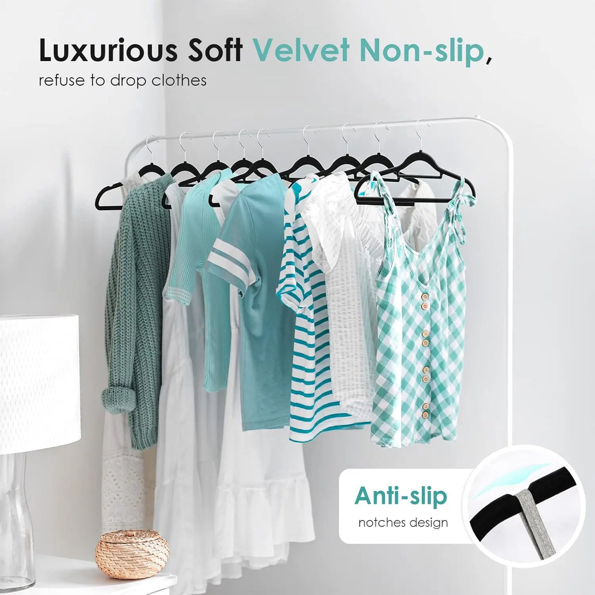 A display of luxurious soft velvet non-slip hangers with anti-slip notches on a white clothing rack.