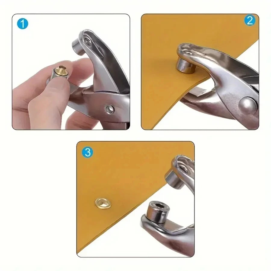 A three-panel image showing a heavy-duty grommet eyelet punch plier kit with metal eyelets.