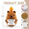 A small, brown crochet bear plush toy with a yellow tuft on top and a tag reading Positive Capybara.