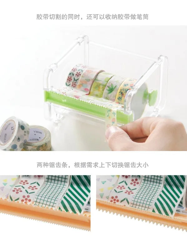 A clear plastic storage box holds rolls of decorative washi tape and a green cutting tool.