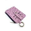 A purple leopard print PU leather card holder with a coin pocket and keychain.
