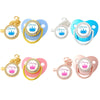 A set of five crystal rhinestone pacifier chain clips with silicone nipples in various colors including gold, blue, and pink.