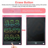 A pink LCD writing tablet is shown with an erase button, demonstrating how to unlock and erase drawings.