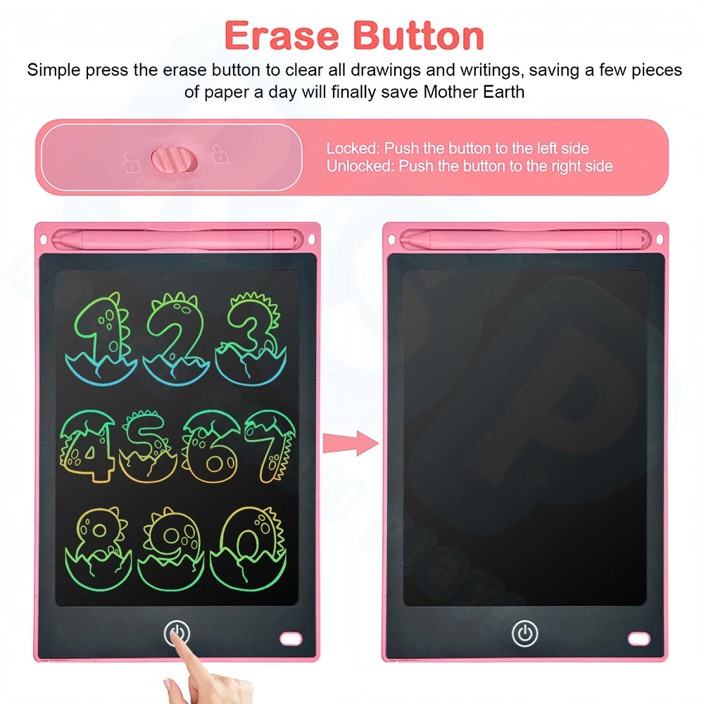 A pink LCD writing tablet is shown with an erase button, demonstrating how to unlock and erase drawings.