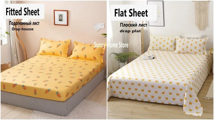A fitted sheet and flat sheet bedding set in yellow and white polka dots with a matching duvet cover and pillows.